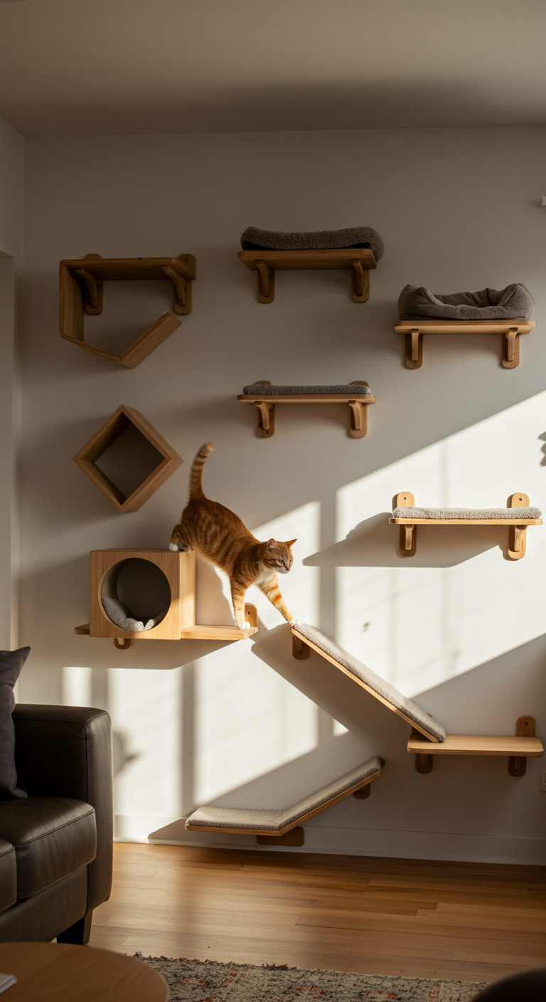 High-Rise Cat Adventures - A hyperrealistic photograph of a modern living room transformed into a cat's high-rise playground. Various wooden shelves of different shapes and sizes are mounted on the wall, connected by small carpeted ramps, leading to a top-level platform with a plush cat bed. A ginger tabby cat is mid-leap between two shelves, its fur slightly ruffled, with visible dust particles in the air catching the sunlight streaming through a window, casting a slight lens flare.