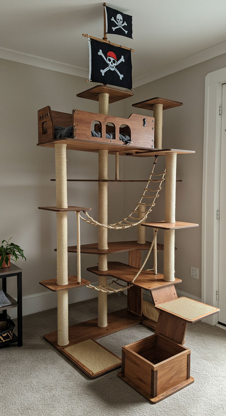 Pirate Ship Cat Climbers - Highly detailed, realistic image of a multi-level pirate ship cat climber structure inside a brightly lit living room. The climber is constructed from plywood and sisal rope, featuring multiple platforms, a rope bridge, and a scratching post sail. A "treasure chest" cat bed sits at the top, and a black and white Jolly Roger flag is attached. Some of the paint is chipped and some of the rope is frayed, showing signs of use.