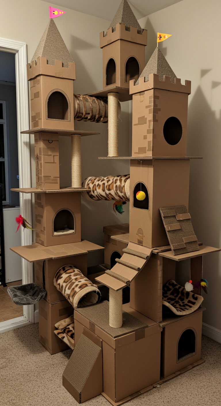 Magic Castle Cat Kingdom - A multi-level cat playground resembling a miniature castle, constructed from cardboard boxes, sturdy wooden shelves, and PVC pipes. The castle features towers of varying heights, interconnected tunnels, and cozy nooks lined with soft blankets. Scratching posts are integrated into the towers, and dangling toys hang from the tunnels. The structure shows slight imperfections, with some cardboard edges slightly bent and minor wear on the scratching posts.