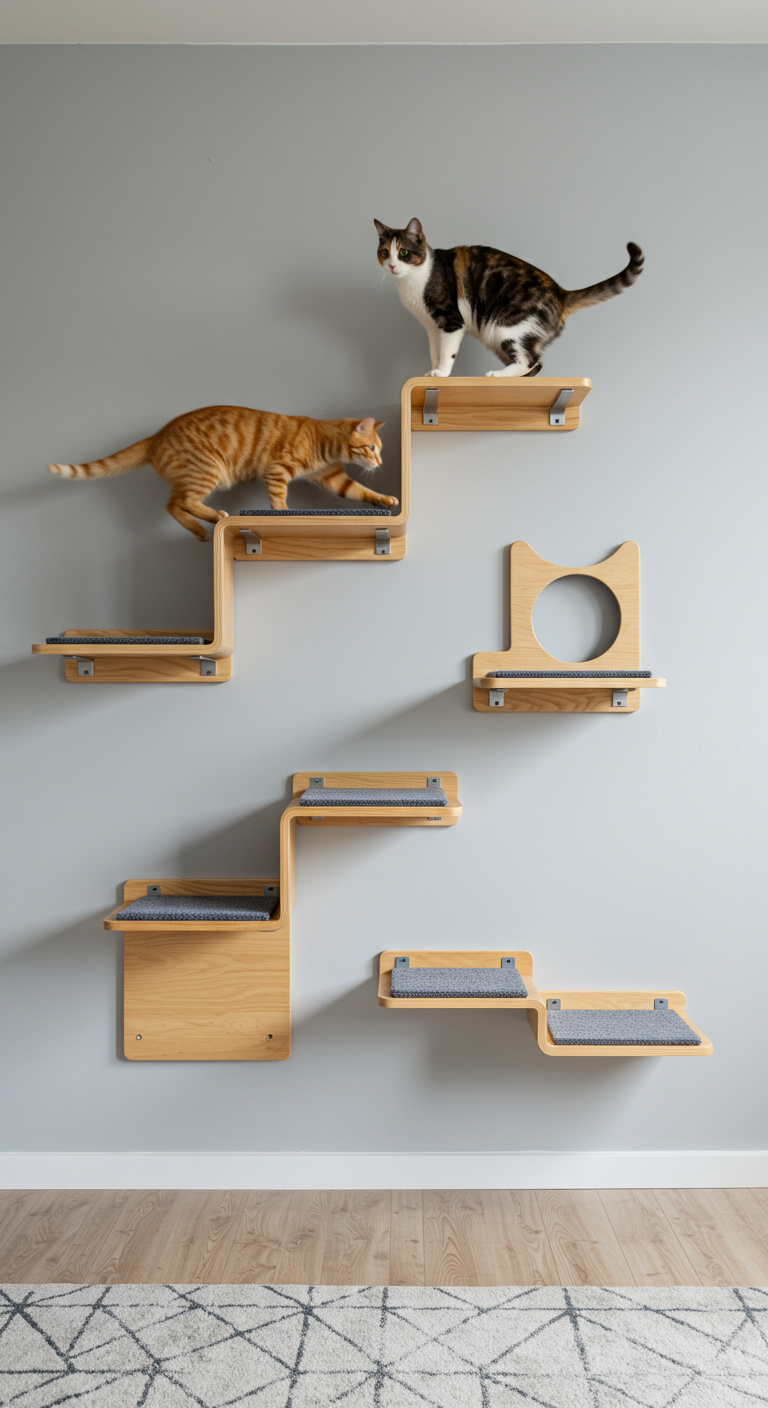 Modern Cat Wall Shelves - A brightly lit, modern living room featuring a series of sleek, minimalist cat wall shelves made of light wood and brushed metal. The shelves are arranged in a staggered, ascending pattern on a light gray wall, some with small carpeted pads for comfort. A ginger tabby cat is gracefully leaping from one shelf to another, its fur slightly blurred with motion, while another cat, a calico, is perched regally on the highest shelf, observing the room with focused attention. Slight imperfections are visible in the wall paint and wood grain, adding to the realism.