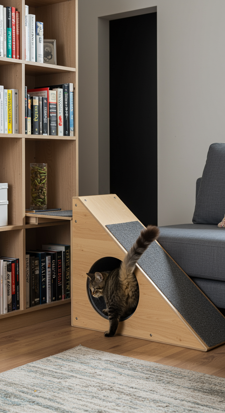 Secret Passage Cat Tunnels - A realistic, eye-level view inside a modern living room, showcasing a "Secret Passage Cat Tunnel" system. The tunnel, constructed from wood and carpet, seamlessly integrates into a bookshelf, with a discreet entrance visible among the books. A fluffy tabby cat is halfway through the tunnel, its tail disappearing inside, while the other end of the tunnel leads to a darkened opening in the adjacent wall, suggesting a connection to another room. Slight imperfections in the bookshelf's construction and minor cat hair accumulation inside the tunnel enhance the realism.