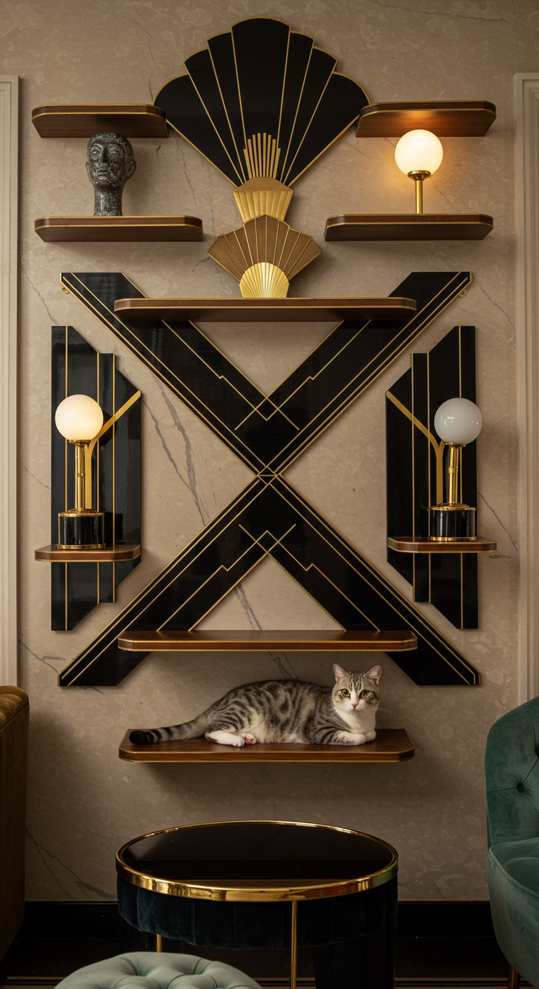 Art Deco Cat Shelves - Luxurious Art Deco style cat shelves mounted on a wall, featuring geometric patterns, gold and black accents, polished wood, and sleek symmetrical design. The shelves blend seamlessly with a stylish 1920s-inspired interior, with elegant lighting, marble textures, and velvet furniture in the background. A sophisticated cat lounging gracefully, adding charm to the scene. High-resolution, richly detailed, Pinterest aestheti