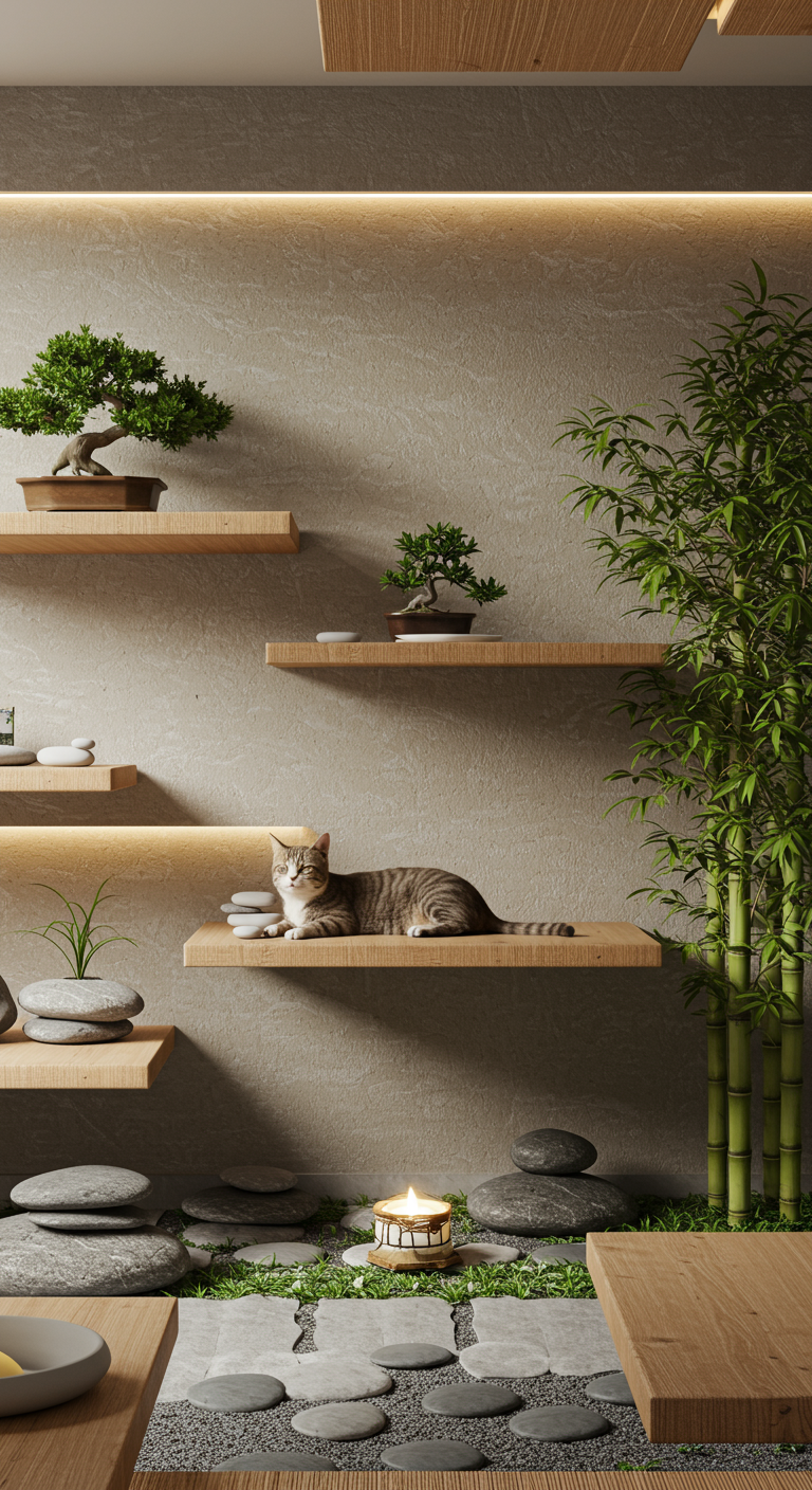Zen Garden Cat Platforms - Minimalist Zen-style cat platforms integrated into a peaceful indoor garden space. Natural wood textures, soft neutral tones, smooth stones, bonsai trees, bamboo elements, and soft ambient lighting. Shelves float along a textured wall with subtle Japanese influence. A relaxed cat meditating or lounging calmly, surrounded by a serene atmosphere. High detail, tranquil mood, Pinterest-friendly decor style