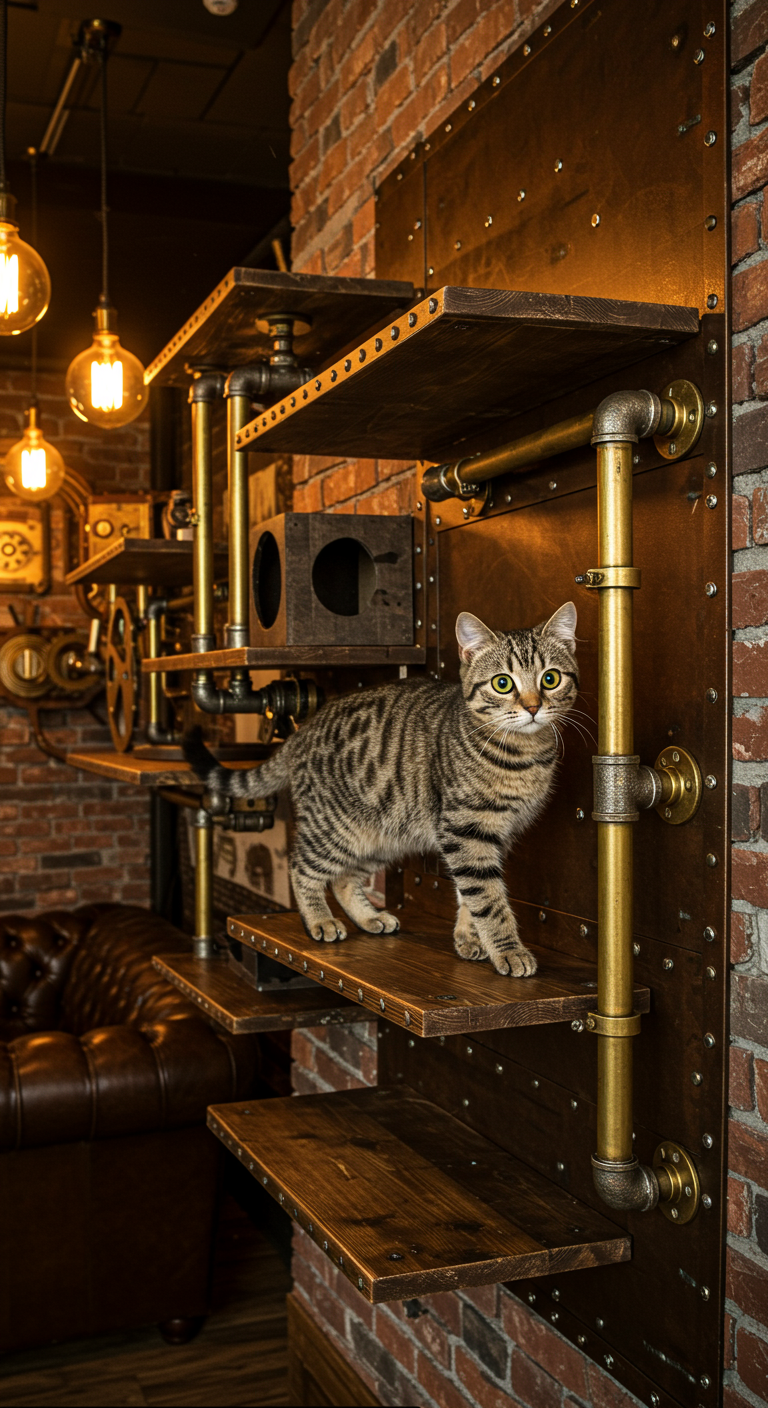 Steampunk Cat Shelf Plans - Wall-mounted steampunk cat shelves made of aged brass pipes, exposed gears, dark-stained wood, and riveted metal details. The design looks like a functional Victorian-era machine, seamlessly blending industrial decor and creative pet furniture. The background features distressed brick walls, glowing Edison bulbs, and vintage leather chairs, creating a cozy, retro-futuristic vibe. A realistic short-haired tabby cat with green eyes is climbing across the shelves — alert, curious, and balanced. The cat’s fur reflects the warm lighting, adding life and movement without looking artificial. High-resolution, detailed textures, warm tones, Pinterest-ready interior design scene with natural realism