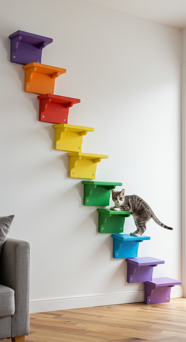 Rainbow Bridge Cat Steps - A set of colorful wall-mounted cat steps arranged in an upward curve along a plain white wall. Each step is painted in a bright rainbow color — red, orange, yellow, green, blue, and purple — with smooth wooden surfaces. The steps are evenly spaced and securely attached, allowing a cat to climb comfortably. At the top, there's a small flat platform where the cat can rest. The room looks real and homey, with wooden flooring, some cozy furniture, and natural daylight coming through a window. A real-looking cat is either climbing the steps or lying on the top platform. The scene is cheerful, simple, and realistic — perfect for a modern home