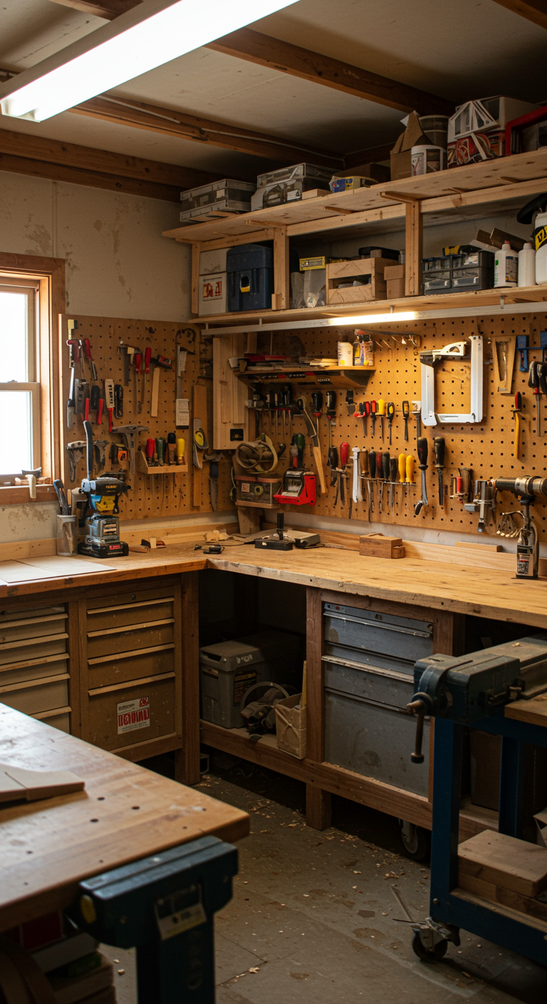 Epic DIY Workshop Layouts - A cluttered but highly functional DIY workshop, overflowing with tools and projects in various stages of completion. Workbenches are strategically placed for optimal workflow, surrounded by custom-built shelving units and pegboards displaying a diverse collection of hand tools and power tools. Sawdust motes hang in the air, illuminated by a combination of natural light streaming through a window and the warm glow of overhead shop lights, casting shadows that highlight the organized chaos.