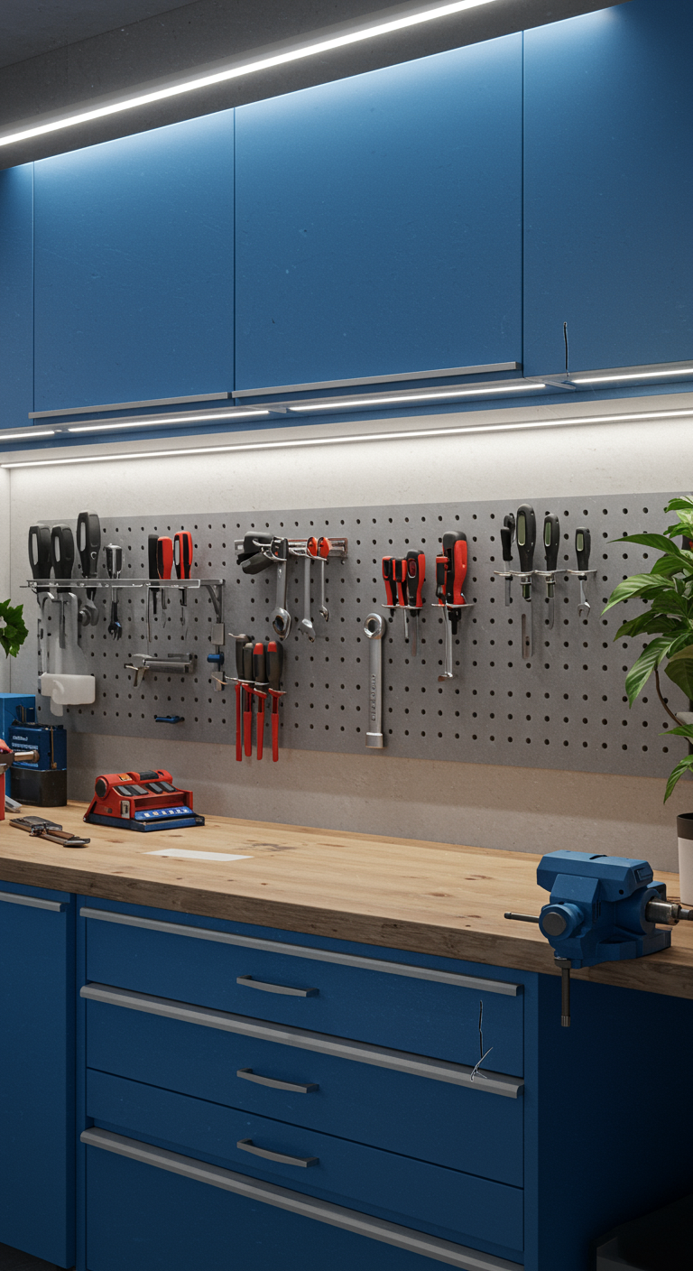 Modern & Stylish Workshops - A brightly lit, modern workshop interior with clean lines and a minimalist aesthetic. LED strip lights illuminate a workbench with neatly arranged tools, above which hangs a pegboard organizer. Cool blue cabinets and sleek drawers provide ample storage, while vibrant green plants add a touch of nature. A small scratch is visible on the workbench surface, and a stray wire hangs slightly askew, adding a touch of realism.