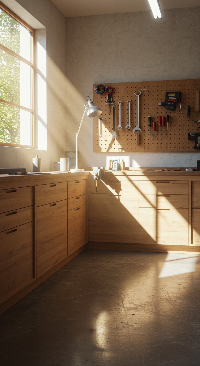 Minimalist Workshop Layouts - A brightly lit, minimalist workshop interior. Clean, uncluttered workbench with a few essential tools neatly arranged. Light wood cabinets line one wall, with a minimalist pegboard displaying frequently used tools. Natural light streams in through a large window, illuminating the polished concrete floor, with some dust particles visible in the light beams.