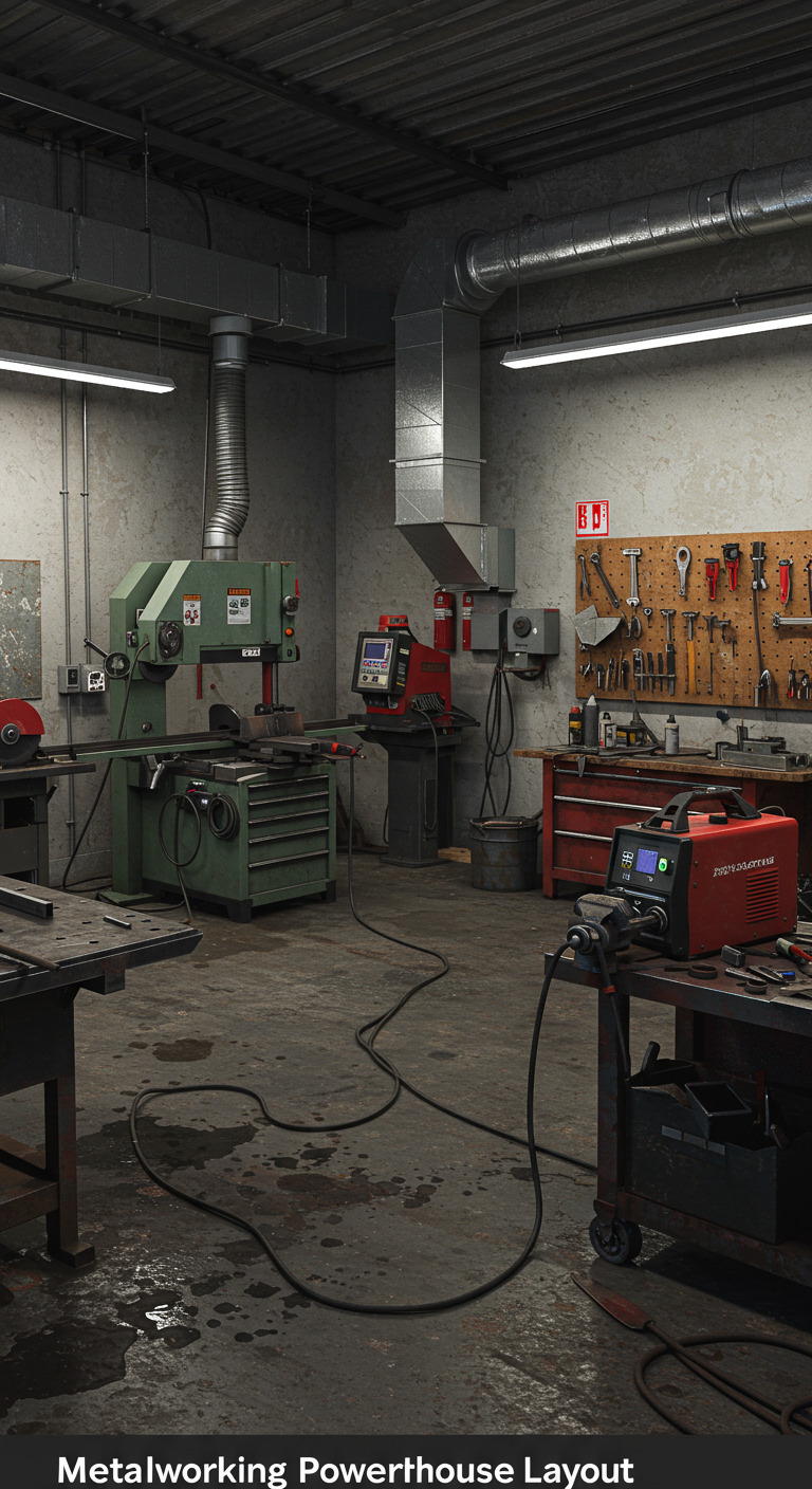 Metalworking Powerhouse Layouts - A highly detailed, realistic photograph of a metalworking shop interior, showcasing a "Metalworking Powerhouse Layout." The image depicts distinct zones: a cutting zone with a metal bandsaw and angle grinder, a welding zone featuring a welding machine and a heavy-duty welding table with visible weld spatter, and a finishing zone with a workbench, tools, and painting supplies. Safety elements are visible, including a ventilation system with ductwork, fire extinguishers mounted on the wall, and organized tool storage. The shop has concrete floors with some oil stains and a lived-in, functional appearance with visible wear and tear on equipment.