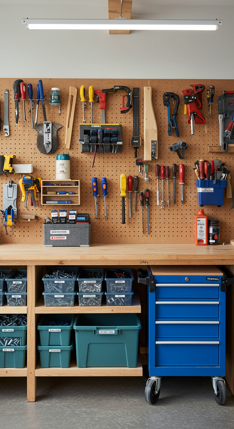 Super Organized Workshop Layouts - A brightly lit, meticulously organized workshop featuring a variety of tools neatly arranged on a pegboard wall. Labeled bins containing screws, nails, and other small hardware are visible on shelves below a sturdy workbench. A rolling tool cart with various hand tools is positioned near the center of the workspace, with a faint layer of sawdust on the floor.