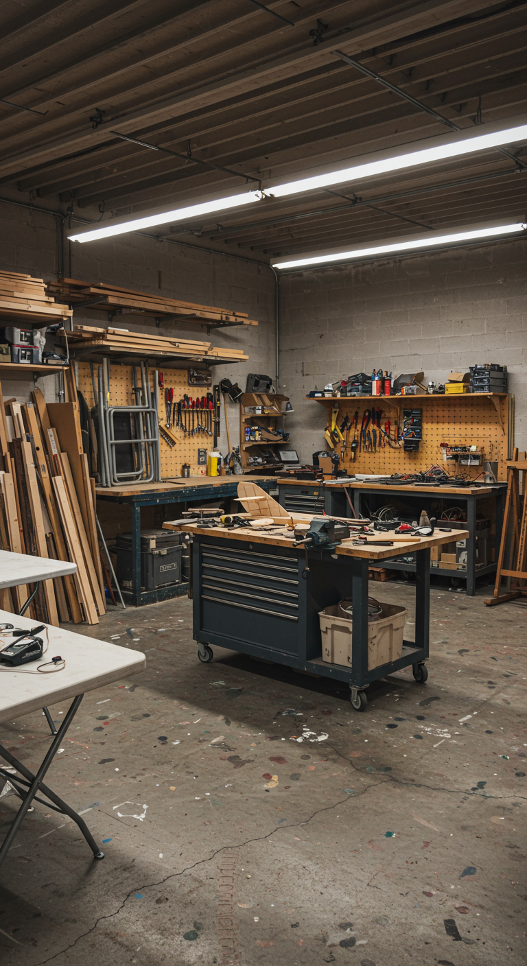 Multi-Purpose Workshop Layouts - A cluttered, but organized multi-purpose workshop interior, featuring a central workbench on wheels covered in tools and a half-finished model airplane. The workshop is divided into zones: a woodworking area with a saw and lumber rack, an electronics corner with soldering iron and circuit boards, and a painting section with easels and various paint supplies. Folding tables are stored against one wall, and overhead lighting fixtures illuminate the space, casting slight shadows on the concrete floor which has some minor cracks and paint splatters.