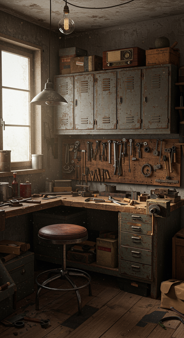 Vintage Inspired Workshop Layouts - A cluttered vintage workshop interior, showcasing a well-worn wooden workbench covered in tools and projects. Old metal cabinets with slightly rusted hinges line the walls, displaying various supplies and spare parts. A worn leather stool sits nearby, and an antique radio rests on a shelf, its cord slightly frayed. The scene is illuminated by a combination of natural light streaming through a dusty window and the warm glow of an exposed Edison bulb hanging overhead.