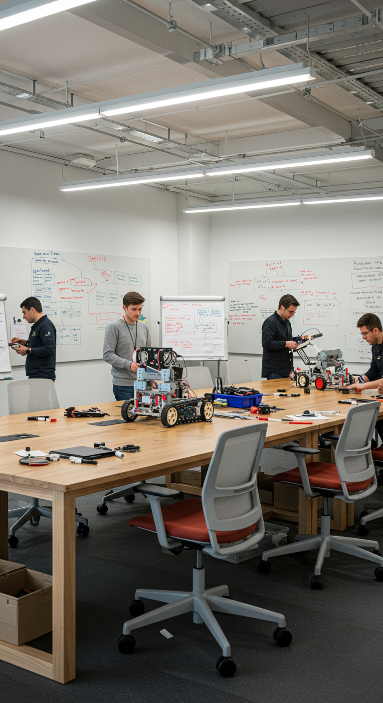 Collaborative Workshop Spaces - A brightly lit, modern collaborative workshop space filled with natural light. A large, sturdy wooden table dominates the center, surrounded by ergonomic chairs of varying colors. Whiteboards cover the walls, adorned with colorful brainstorming notes and sketches; some marker streaks are visible. Various team members are working on a robot prototype, with scattered tools and components adding to the realistic, active atmosphere.
