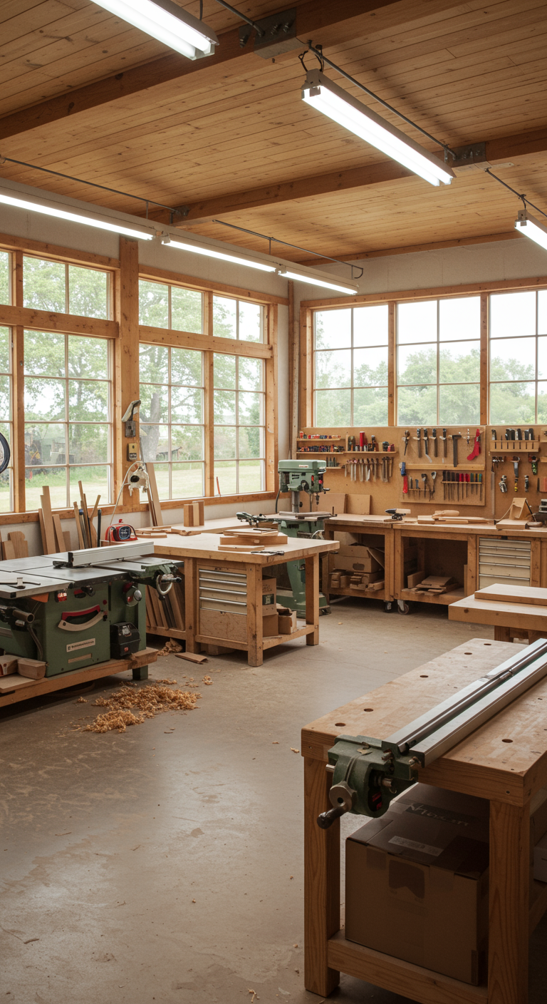Open & Airy Workshop Layouts - A spacious and well-lit workshop featuring large windows allowing ample natural light. Various workbenches are strategically positioned to maximize the light, with organized tools and equipment neatly arranged. Light-colored walls and flooring enhance the sense of openness, while a few scattered wood shavings on the floor add a touch of realism. The workshop contains a table saw, drill press, and lathe, each with dedicated space around it for ease of use.