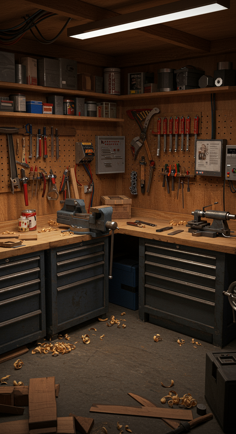 He Shed Workshop Layouts - A meticulously organized "He Shed" workshop interior, featuring dedicated zones for woodworking and metalworking. Visible are a workbench with a vise, neatly arranged tool storage cabinets, and a metal lathe. Electrical wiring is visible, along with strategically placed overhead lighting, casting realistic shadows. A few stray wood shavings and minor tool scratches add to the lived-in feel.