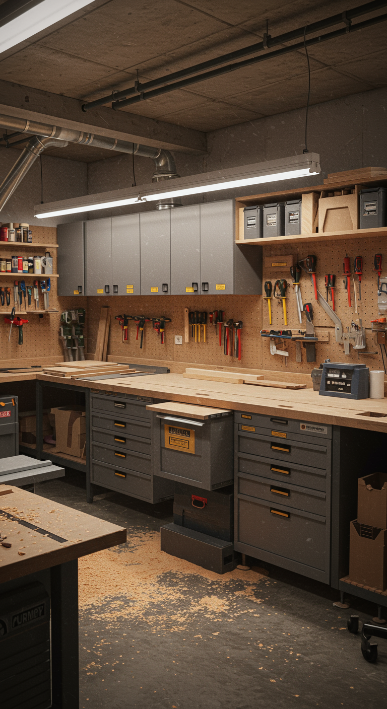 Pro Level Workshop Layouts - Highly detailed, realistic photograph of a professional-grade workshop interior. The layout features dedicated zones for cutting, assembly, and finishing, each clearly defined and organized. Abundant storage solutions are visible, including custom-built cabinets, labeled drawers, and wall-mounted tool organizers, maximizing vertical space. The workshop is well-lit with a combination of overhead and task lighting, highlighting the efficient workflow and clean, safe environment, with some sawdust on the floor.