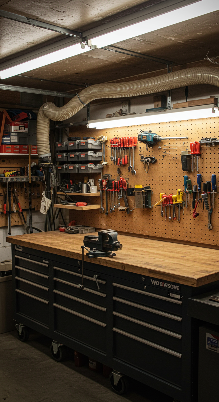 Ultimate Garage Workshops - A meticulously organized and brightly lit ultimate garage workshop, overflowing with tools and equipment. A large, sturdy workbench with an integrated vise dominates the center, surrounded by rolling tool cabinets and pegboards filled with neatly arranged hand tools. Overhead, a network of dust collection hoses snakes across the ceiling, connecting to various power tools. Scratches and worn paint are visible on the workbench, suggesting frequent use.