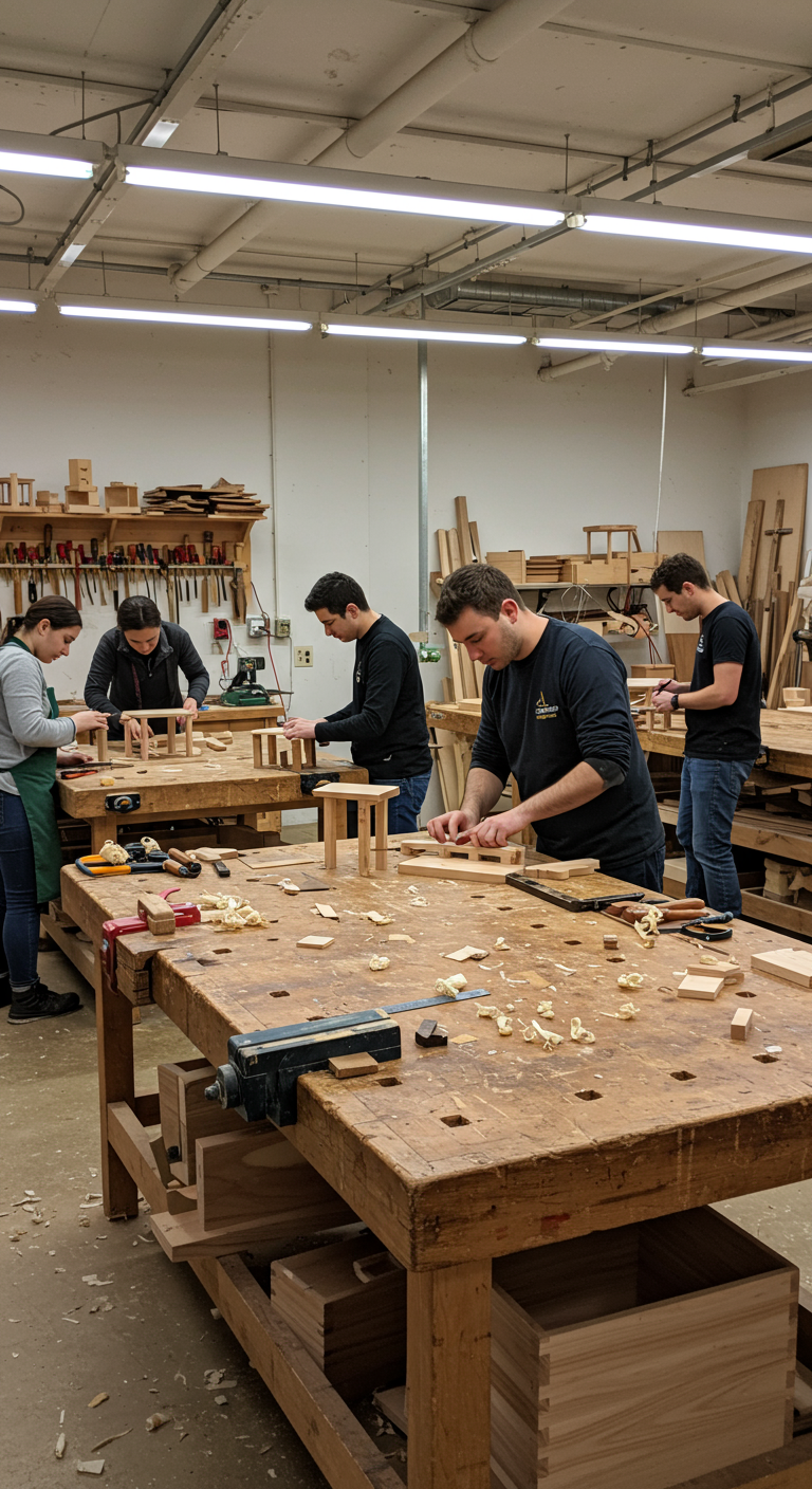 Woodworking Masterclass Workshops - A brightly lit woodworking masterclass workshop, filled with diverse participants intently focused on their projects. Expert instructor demonstrates intricate joinery techniques on a workbench cluttered with tools, wood scraps, and measuring instruments. Wood shavings and sawdust lightly coat the floor, reflecting the overhead fluorescent lighting, while completed projects like small tables and decorative boxes showcase the students' progress on nearby shelves.