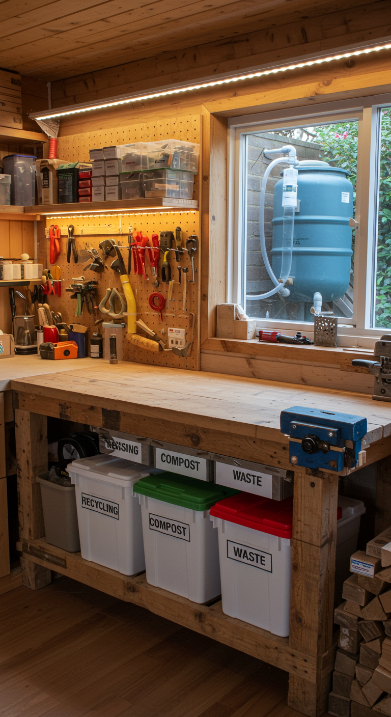 Sustainable Workshop Ideas - A brightly lit, organized workshop interior featuring a workbench constructed from reclaimed wood pallets, complete with visible nail holes and weathering. LED strip lights illuminate the workspace. Separate bins labeled "Recycling," "Compost," and "Waste" are neatly arranged. A rainwater collection barrel is visible outside a window, connected to a simple filtration system. Various hand tools hang on a pegboard made from repurposed materials, and local, sustainably sourced lumber is stacked neatly in a corner.