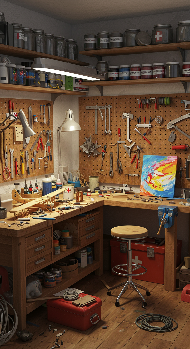 Ultimate Hobby Workshops - A brightly lit, meticulously organized hobby workshop, overflowing with tools and materials. A sturdy wooden workbench dominates the center, covered in half-finished projects: a model airplane under construction, a canvas with vibrant paint streaks, and disassembled bicycle parts. Shelves line the walls, neatly arranged with jars of screws, rolls of wire, paint tubes, and various crafting supplies. Safety equipment, including goggles and a first-aid kit, are prominently displayed. Minor imperfections, such as a stray wire on the floor and a slightly dented toolbox, add a touch of realism.