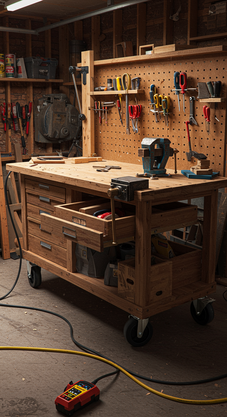 Mobile Workshop Rigs - A highly detailed, realistic photograph of a custom-built mobile workshop rig in a cluttered garage. The rig features a sturdy wooden workbench mounted on heavy-duty casters, complete with a built-in vise and various hand tools neatly organized on pegboards and in drawers. Scratches and sawdust are visible on the workbench surface, indicating frequent use, while an extension cord snakes across the concrete floor, adding to the realistic workshop environment.