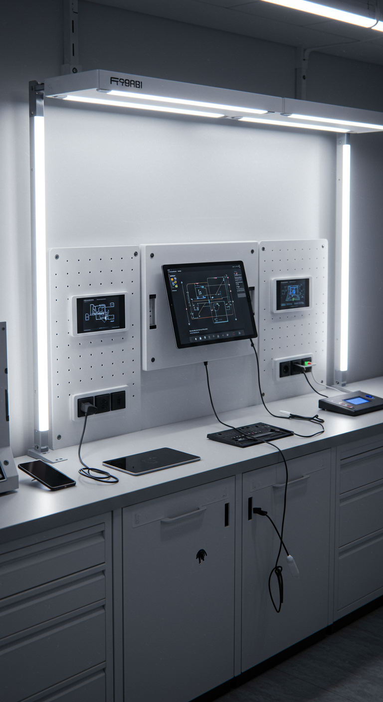 High-Tech Workshop Hubs - A brightly lit, modern workshop featuring a central high-tech hub. Integrated tablets display schematics and project instructions, surrounded by voice-controlled smart lighting. Multiple charging stations accommodate various gadgets, with neatly organized spaces for a 3D printer and laser cutter. Minor cable clutter and slight fingerprints on the tablet screen add a touch of realism.