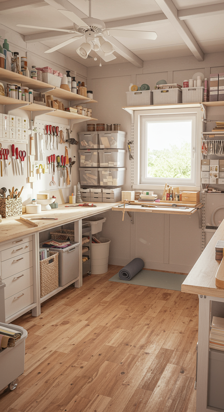 She Shed Workshop Layouts - Interior of a brightly lit, meticulously organized "She Shed" workshop. Walls are painted a light pastel color, adorned with vertical shelving units filled with crafting supplies, tools, and neatly labeled storage containers. A foldable workbench is positioned near a window, partially folded down to reveal a yoga mat and a reading nook with a comfortable armchair. Natural light streams in, highlighting dust particles in the air and casting soft shadows on the wooden floor, which shows slight signs of wear and tear.