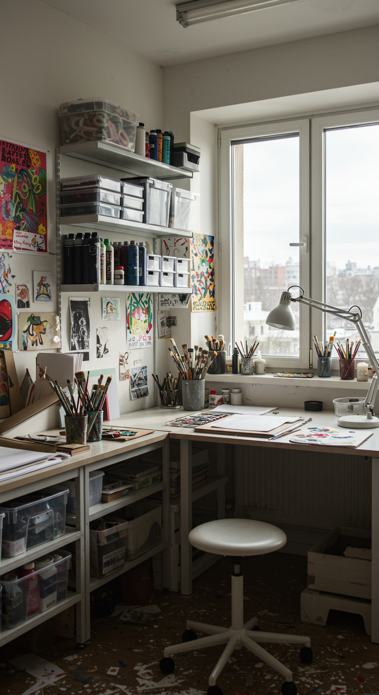Creative Studio Workspaces - A brightly lit creative studio workspace with organized art supplies, including paints, brushes, and paper, neatly arranged on shelves and a large work table. Natural light streams in through a large window, illuminating colorful posters and artwork on the walls, inspiring creativity. Comfortable seating is provided by an ergonomic chair and a cushioned stool, with a few scattered paint splatters on the floor adding a touch of authenticity.