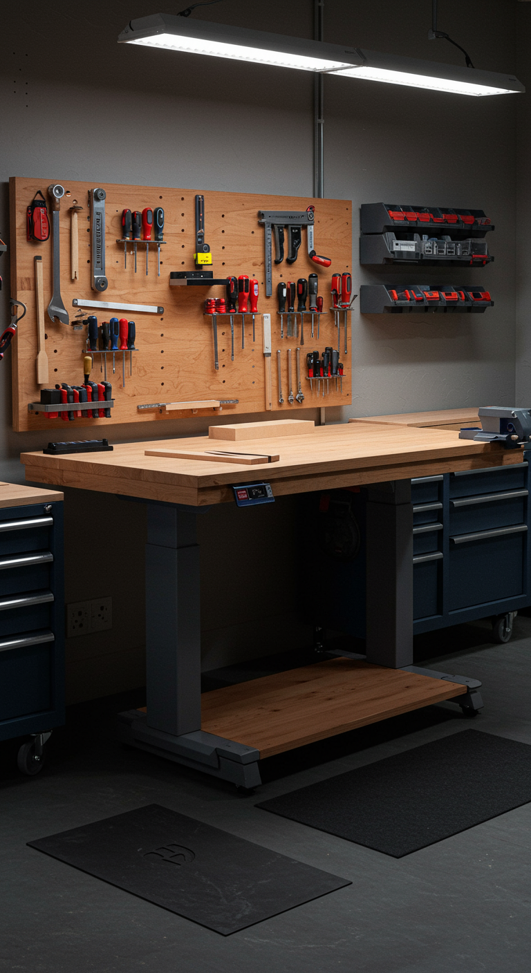 Ergonomic Workshop Designs - Highly detailed, realistic photograph of an ergonomic workshop. A height-adjustable workbench crafted from maple wood dominates the center, surrounded by frequently used tools within easy reach. The scene is illuminated by adjustable LED task lighting, casting soft shadows and highlighting the organized tool storage solutions. Anti-fatigue mats are placed in high-traffic areas, and a small imperfection is visible on the workbench surface, like a scratch or a small dent, so that it looks more natural.