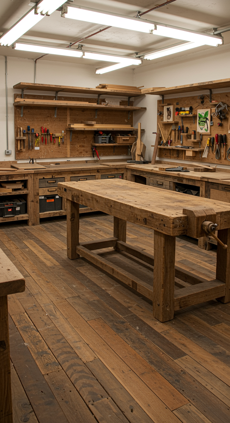 Reclaimed Wood Workshop Layouts - A brightly lit, spacious workshop featuring a variety of reclaimed wood furniture and fixtures. The layout includes a large workbench constructed from thick, weathered beams, complete with visible nail holes and a worn surface. Shelving units built from reclaimed planks line the walls, displaying an assortment of tools and projects in progress. The floor is partially covered with reclaimed wood planks, showcasing variations in color and texture, with some planks slightly uneven and showing signs of wear.