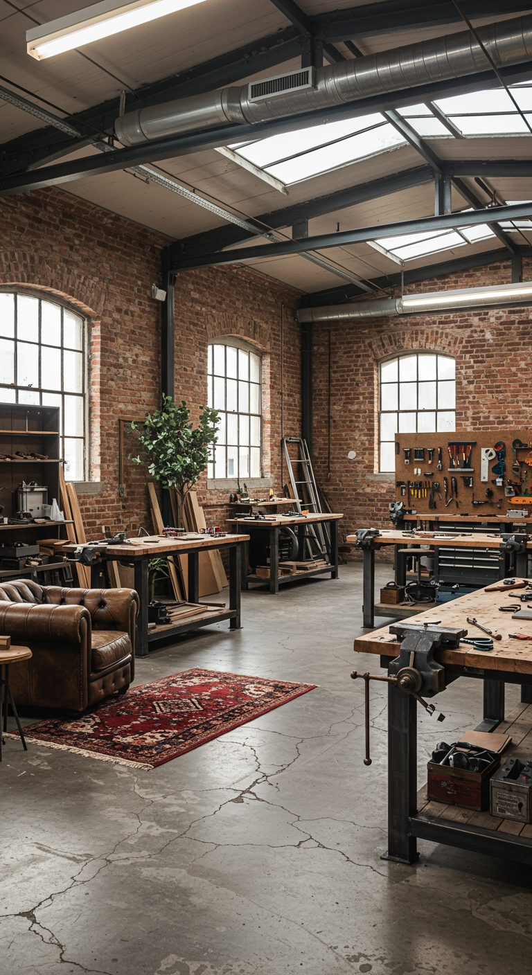 Industrial Chic Workshops - A spacious workshop featuring exposed brick walls, high ceilings with visible metal piping, and large windows allowing ample natural light. The floor is polished concrete with intentional cracks and imperfections. Various workbenches constructed from reclaimed wood and steel are scattered throughout, displaying an assortment of tools and half-finished projects. A comfortable leather armchair sits in one corner, complemented by a vintage rug and potted plants, adding a touch of warmth to the industrial setting.