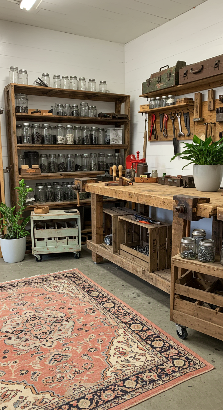 Farmhouse Style Workshops - A brightly lit farmhouse-style workshop interior featuring repurposed wooden crates as rolling storage carts, some painted in muted pastel colors, others left natural with visible wood grain and wear. Mason jars are neatly organized on open wooden shelves, filled with screws, nails, and other small hardware. An antique rug with a faded floral pattern softens the concrete floor, and potted plants are strategically placed to add greenery. The workbench is constructed from reclaimed wood, showing signs of use with scratches and stains, and vintage toolboxes are mounted on the wall as shelves, displaying various hand tools.