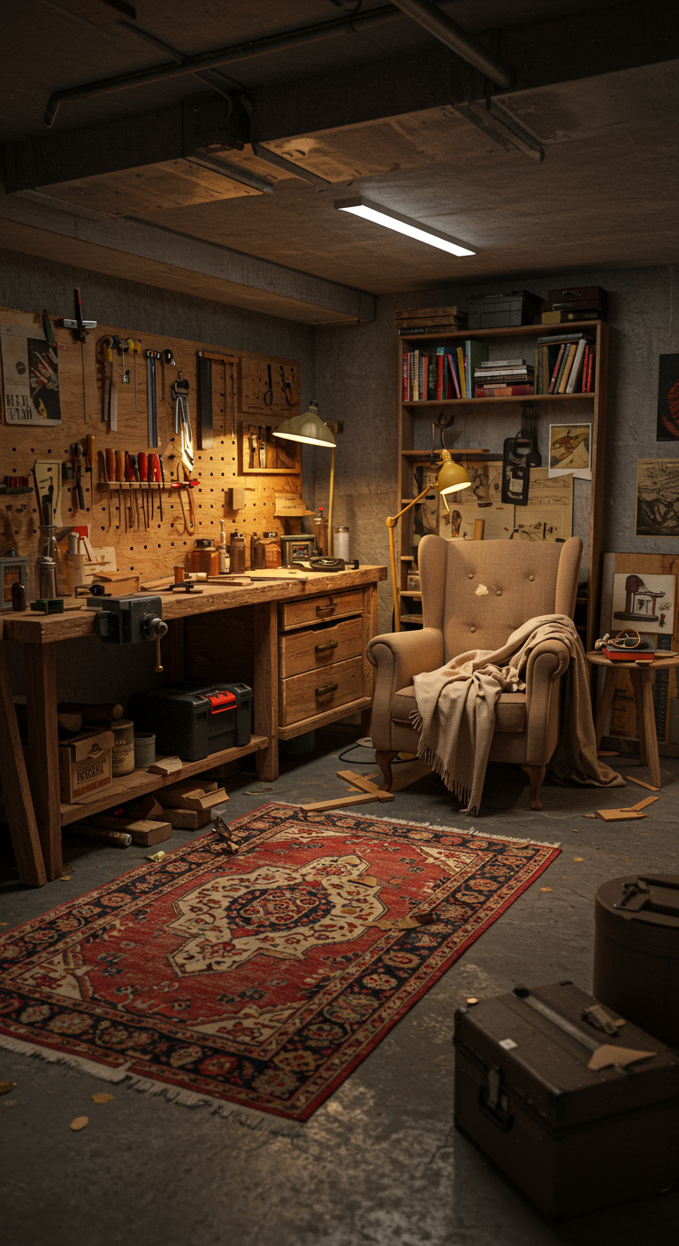 Cozy Basement Workshops - A highly detailed, realistic photograph of a cozy basement workshop. Soft, warm lighting illuminates a workbench cluttered with tools, wood scraps, and a half-finished project. A comfortable armchair sits in a corner, adorned with a throw blanket and positioned next to a small bookshelf filled with manuals and art books. The concrete floor is partially covered by a worn oriental rug, adding warmth and color to the space. Minor imperfections, such as dust on the shelves and slight scratches on the workbench, contribute to the lived-in feel of the workshop.