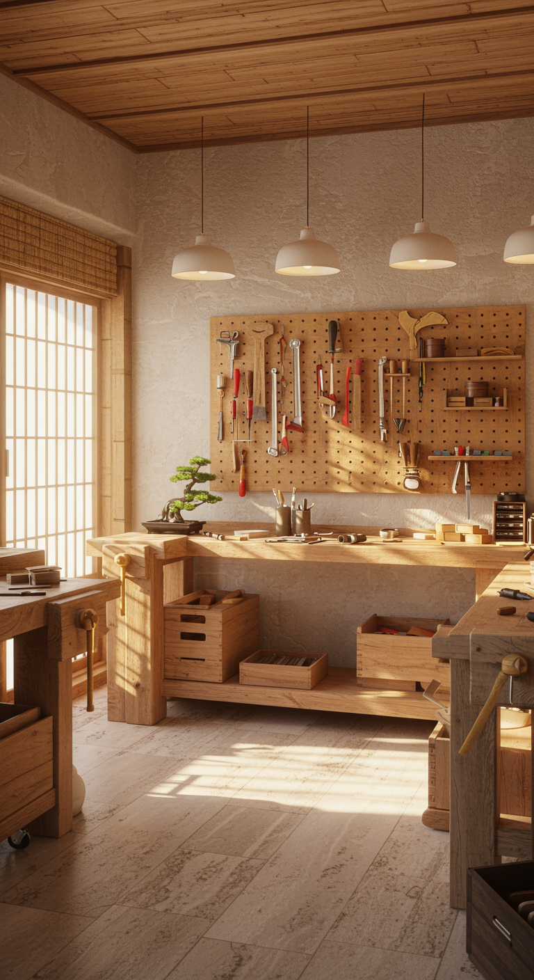 Zen Garden Workshop Layouts - A peaceful and functional workshop space inspired by Zen garden aesthetics. Clean, minimalist layout with natural wood workbenches, soft lighting, and organized storage. The walls are light-colored or natural plaster, accented with bamboo panels or slatted wood. A small indoor stone Zen garden or bonsai is placed in the corner for ambiance. Tools are neatly arranged on pegboards or in wooden drawers, with no clutter. Warm sunlight filters in through shoji-style windows or large glass panels. The entire space feels calm, meditative, and practical — ideal for focused DIY work. Realistic, high-resolution, earthy tones, and serene atmosphere