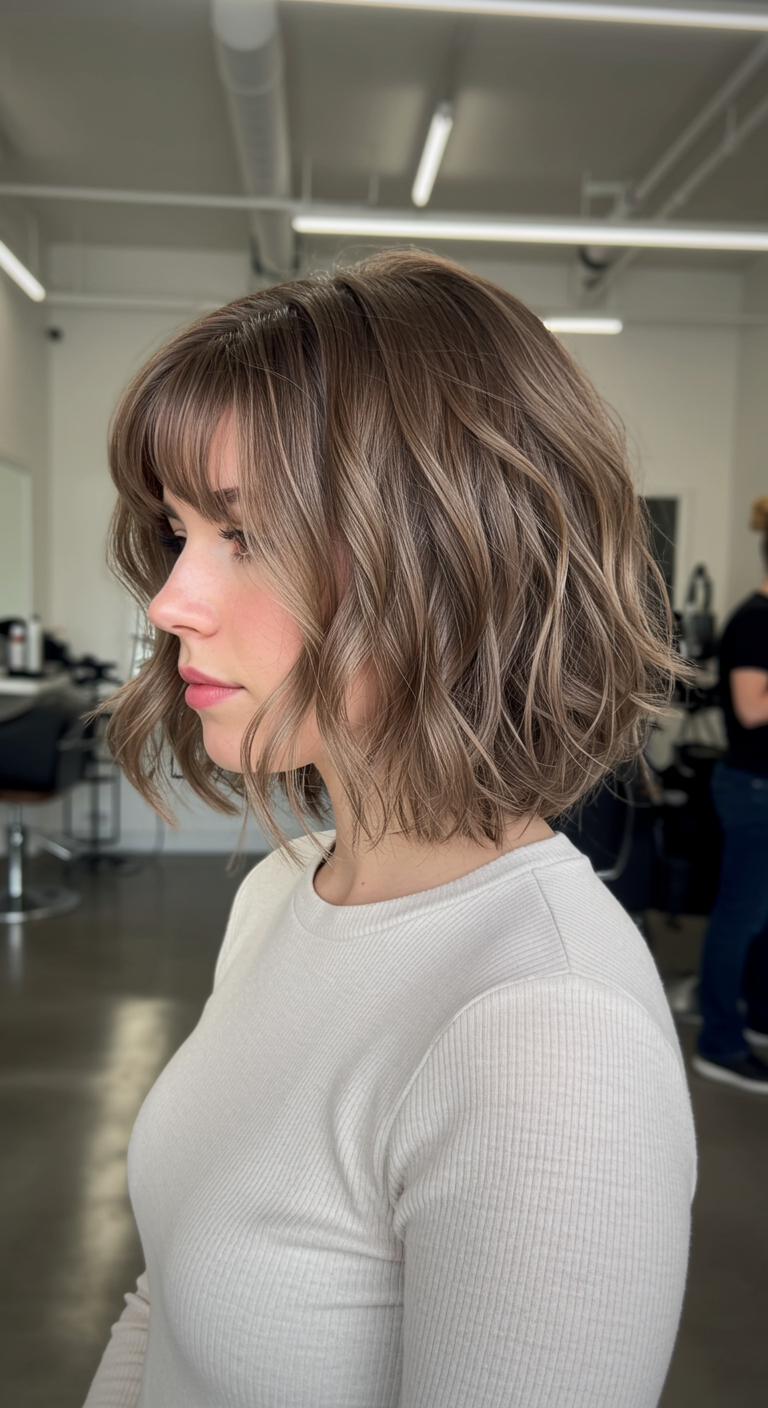 Chic Spring Haircuts - A young woman with shoulder-length, wavy hair, styled in a modern shag haircut with wispy, eyebrow-grazing bangs, stands in a sunlit, minimalist salon. The haircut highlights her cheekbones, and the soft waves create a relaxed, chic look. A few stray hairs are visible, adding to the natural feel. The background features blurred salon equipment and a glimpse of a stylist working on another client.