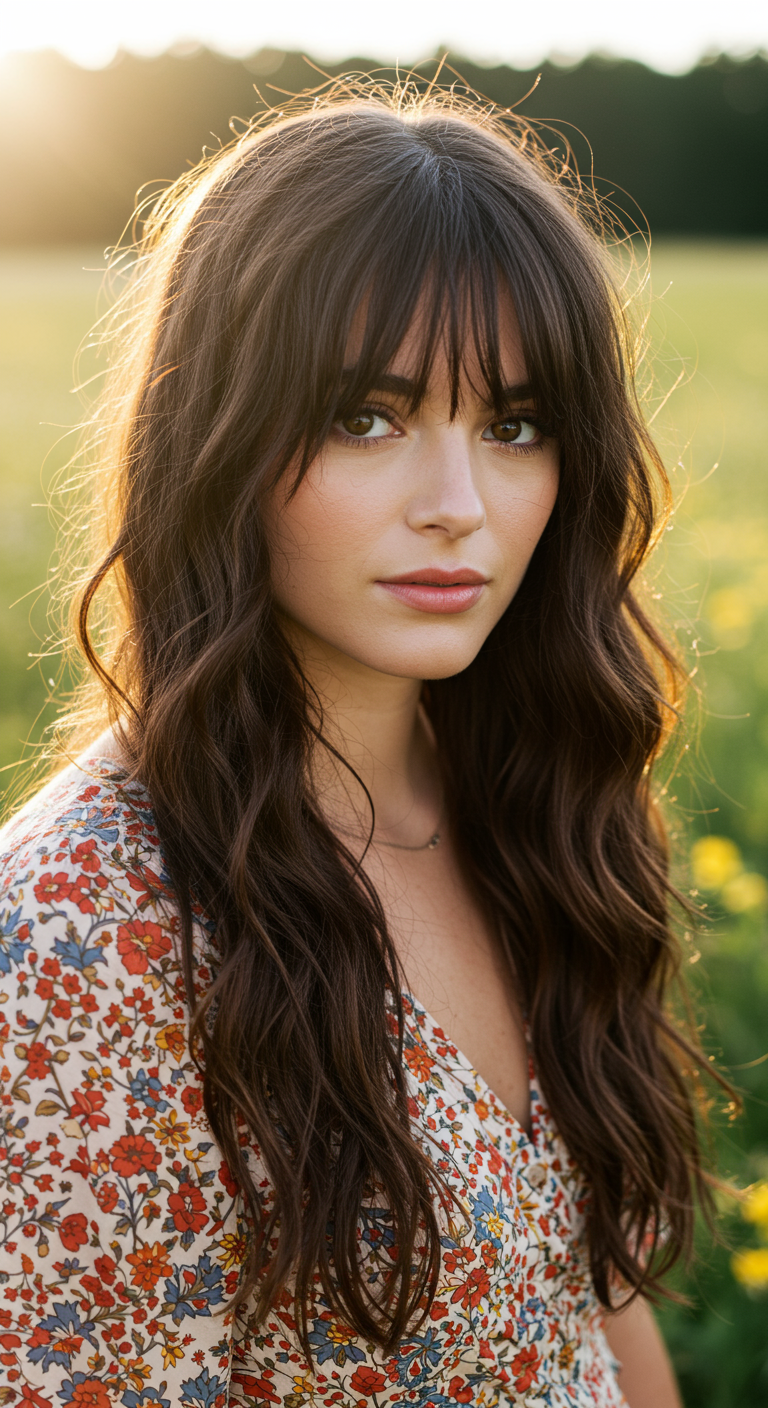 Boho Bang Hair Season - A young woman with long, wavy brunette hair styled with soft, textured boho bangs, standing in a sun-drenched field of wildflowers. The bangs are slightly longer and uneven, framing her face naturally with a few stray strands. She's wearing a flowy, floral-print dress, and the overall look is effortlessly chic and bohemian. Focus should be on the hair details.