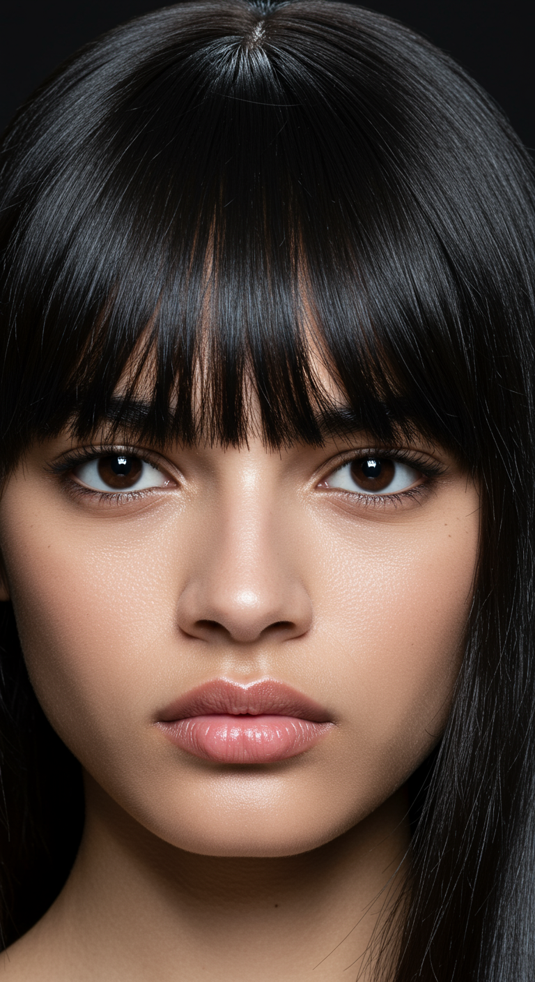 Sleek Spring Bang Hair - Close-up studio shot of a young woman with sleek, dark hair and precisely styled bangs, reflecting light to showcase a high-gloss finish. The bangs are perfectly straight, just skimming her eyebrows, with no visible flyaways or frizz. Subtle imperfections like a single stray hair out of place and a barely visible part in the bangs add to the realism.