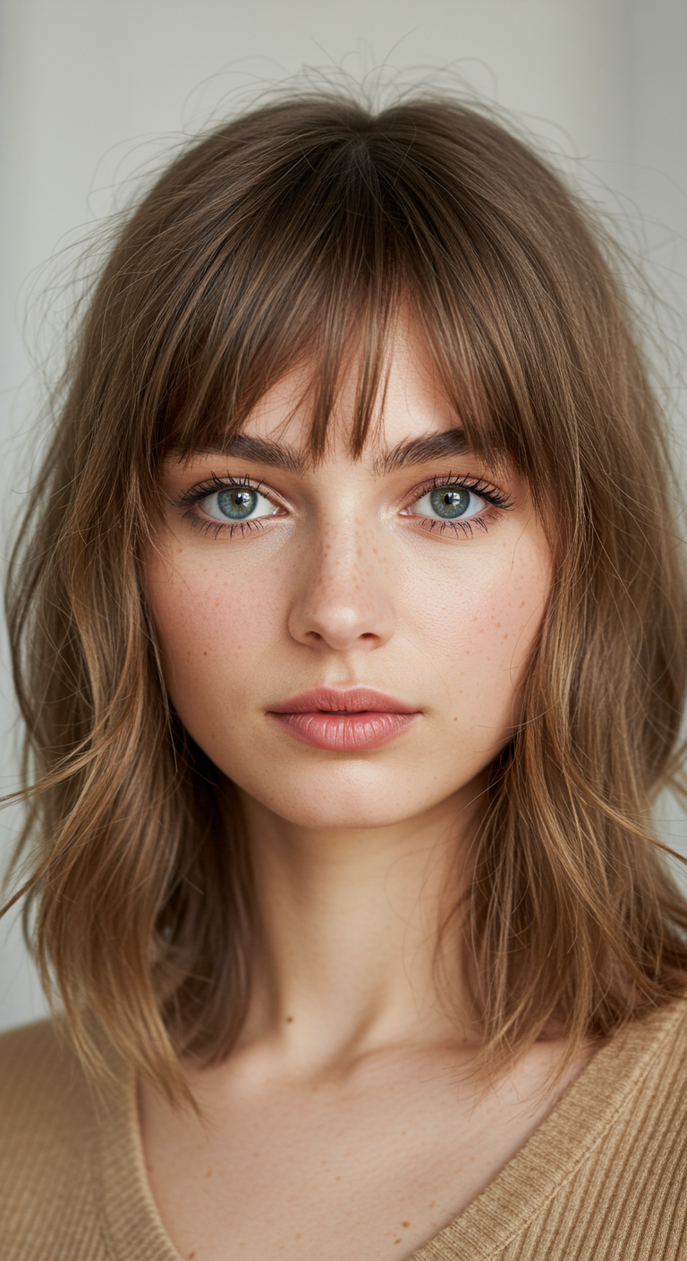 Cute Spring Fringes - Close-up portrait of a young woman with light brown, slightly wavy hair, showcasing "Cute Spring Fringes": light, airy bangs with textured ends that fall delicately across her forehead. The bangs are shorter in the center, gradually lengthening towards the sides, creating a soft, face-framing effect. Subtle flyaways and a slightly uneven texture add to the natural, effortless look.