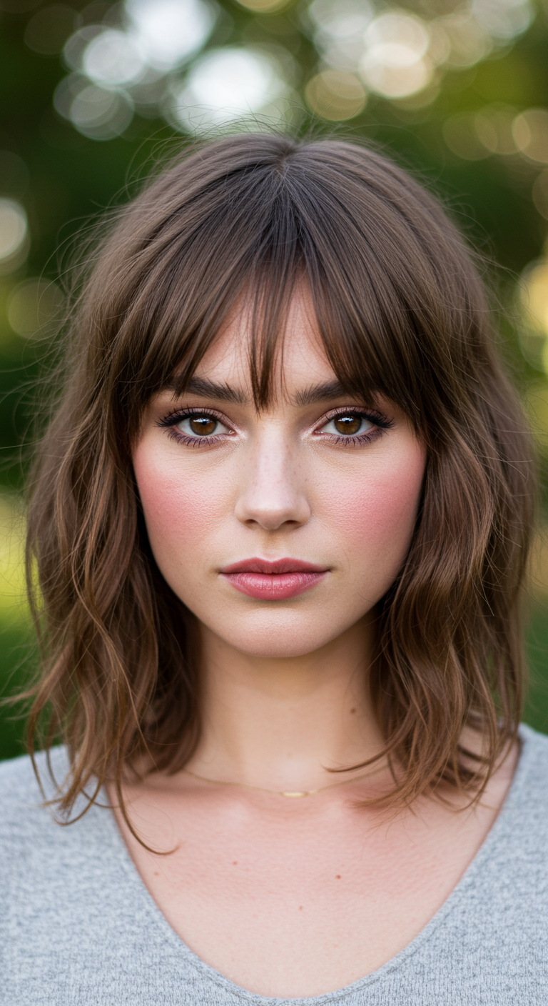 Spring Fling Bangs - Close-up portrait of a young woman with light brown hair styled in soft, face-framing bangs, subtly parted in the middle. The bangs are slightly textured, with a few stray strands, and blend seamlessly into longer, wavy layers. Her makeup is natural, with a dewy complexion, light blush, and a hint of mascara, enhancing her features without being overly dramatic. The background is blurred, suggesting an outdoor setting with soft, natural light filtering through trees, creating a warm and inviting atmosphere.