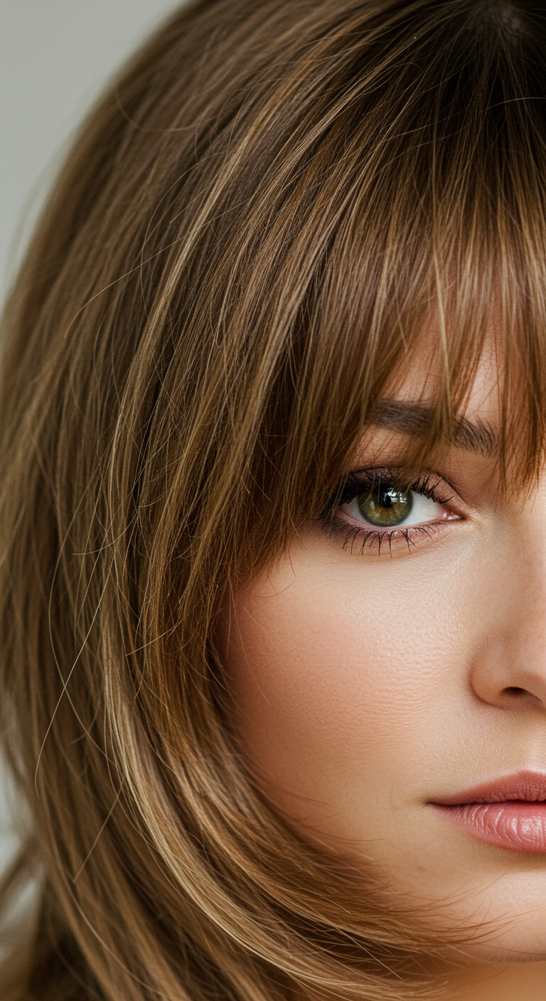 Soft Spring Bang Styles - Close-up portrait of a woman with soft, feathered bangs gently framing her face, her hair a light, natural brown with subtle sun-kissed highlights. The bangs are slightly parted in the middle, revealing a hint of forehead, and softly blend into longer layers that cascade around her shoulders. Focus on the realistic texture of the hair, including flyaways and slightly uneven ends, with a shallow depth of field emphasizing the softness of the bangs against her skin.