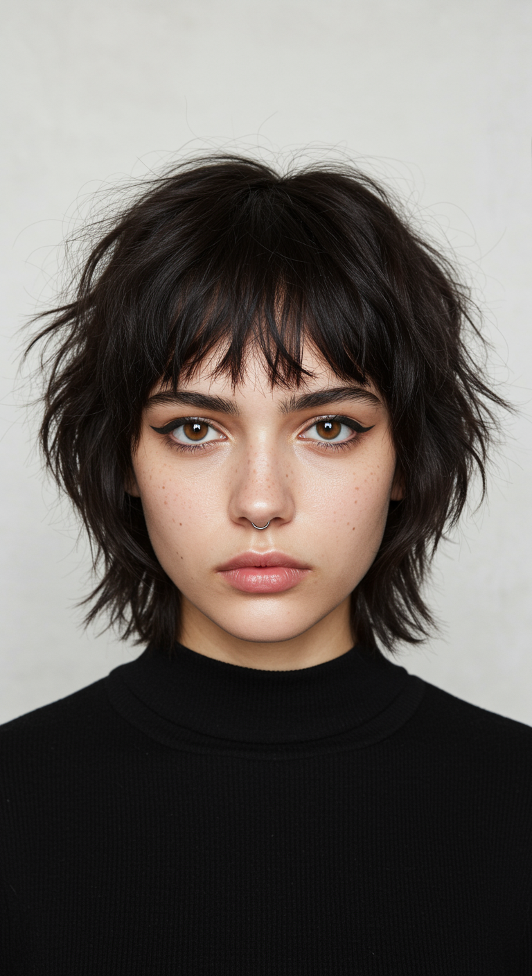 Edgy Bang Spring Cuts - A young woman with choppy, uneven bangs that frame her face, showcasing a bold and edgy style. The bangs are slightly parted in the middle, revealing a hint of her forehead, with varying lengths that create a textured and deliberately imperfect look. Her hair is a dark brunette, styled in a slightly messy, shoulder-length bob, emphasizing the modern and unconventional aesthetic. Subtle flyaways and a slightly oily sheen add to the realism, capturing the essence of a real-life, effortlessly cool hairstyle.