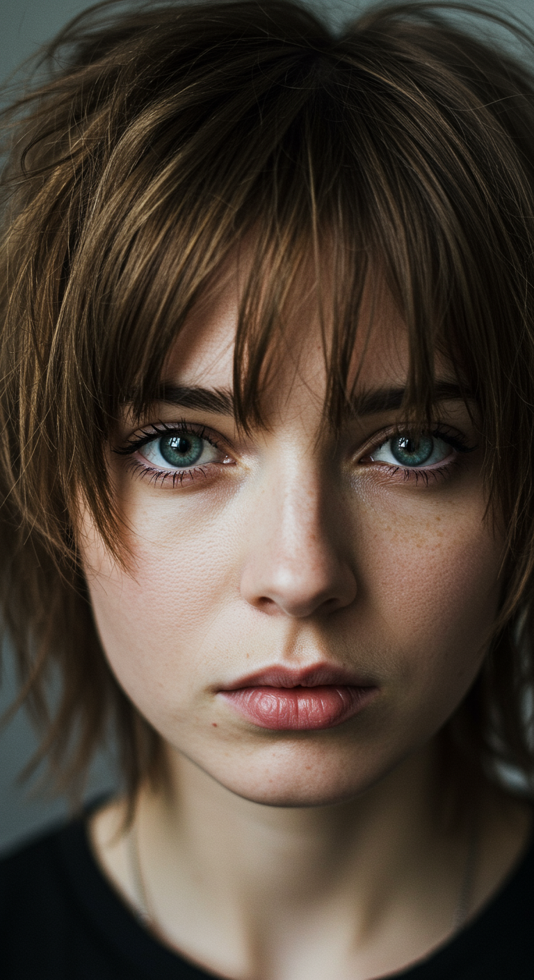 Rockstar Spring Fringes - Close-up portrait of a young woman with choppy, textured bangs that fall slightly unevenly across her forehead, longer on the sides, framing her face. The hair is styled with a slightly messy, lived-in texture, enhanced with subtle texturizing spray, giving it a natural, slightly tousled appearance. Focus on the individual strands of hair, flyaways, and subtle imperfections in the cut to emphasize the effortless, rock-and-roll vibe, with soft, natural lighting highlighting the texture and movement.