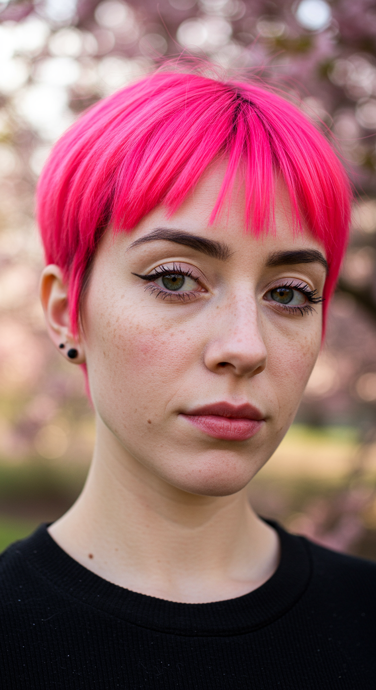 Bold Bang Hair Springtime - Close-up portrait of a young woman with striking, short, and thick neon pink bangs, styled with slight imperfections and a few stray hairs. She has fair skin with visible pores and subtle freckles, and her makeup is minimal, highlighting her natural features. The background is a blurred springtime scene with blooming cherry blossom trees and soft, diffused sunlight, creating a shallow depth of field.