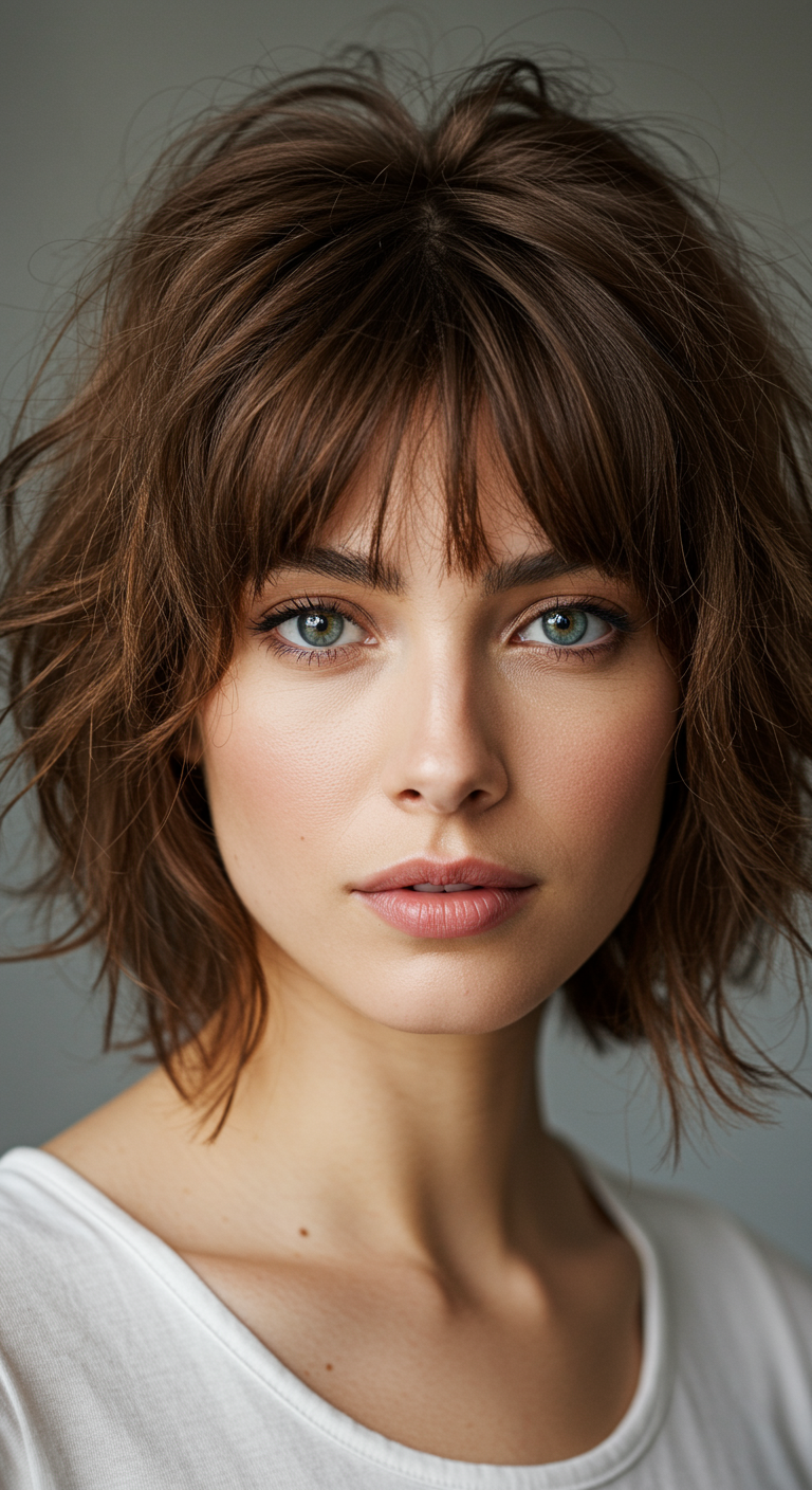 Cool Spring Bang Vibes - Close-up portrait of a young woman with a textured, shoulder-length shag haircut and wispy bangs, styled with a slight wave and natural volume. The hair color is a warm, sun-kissed brunette with subtle highlights. She has a few stray hairs out of place and a slight smile, showcasing a natural, effortless beauty, soft natural light, shallow depth of field, high-resolution.