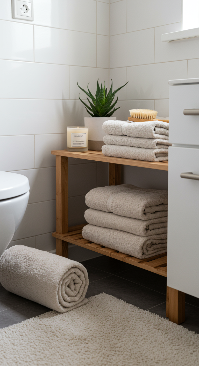 Soft Spa Corner Escapes - A small, modern bathroom corner transformed into a soft spa escape. Plush, light-colored towels are neatly stacked on a small wooden shelf, alongside a rolled-up, super plush white rug on the floor. A small potted succulent sits on the shelf, partially obscuring the towels, with a slightly chipped ceramic pot. A half-burned scented candle rests on a small stool, adding a warm glow, with a few wax drippings visible.