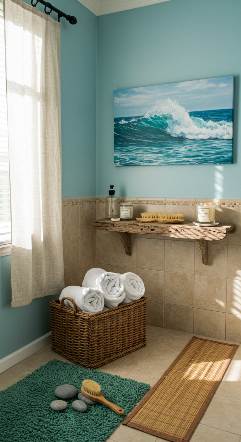 Coastal Spa Corner Oasis - A sun-drenched corner of a small bathroom transformed into a coastal spa oasis. Light blue walls meet sandy beige tiles, accented by a seafoam green woven rug. A wicker basket overflows with neatly rolled white towels, while smooth, grey stones rest on a bamboo bath mat. A partially used sea salt scrub sits next to a lit ocean-scented candle on a weathered driftwood shelf, and a slightly crooked painting of crashing waves hangs above, illuminated by the soft, diffused light filtering through a sheer linen window curtain.