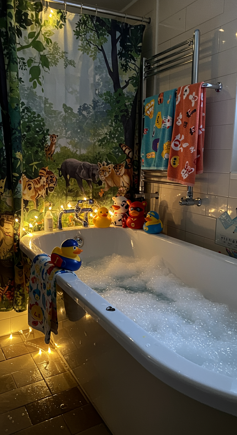 Whimsical Spa Bathrooms - A brightly lit, whimsical spa bathroom featuring a freestanding bathtub with bubble bath. The shower curtain displays a vibrant forest scene, and colorful towels with animal prints hang on a heated rack. Rubber duckies dressed as superheroes are perched on the edge of the tub, while soft, warm fairy lights illuminate the space, casting gentle shadows. Minor water stains are visible on the tiled floor, adding a touch of realism.