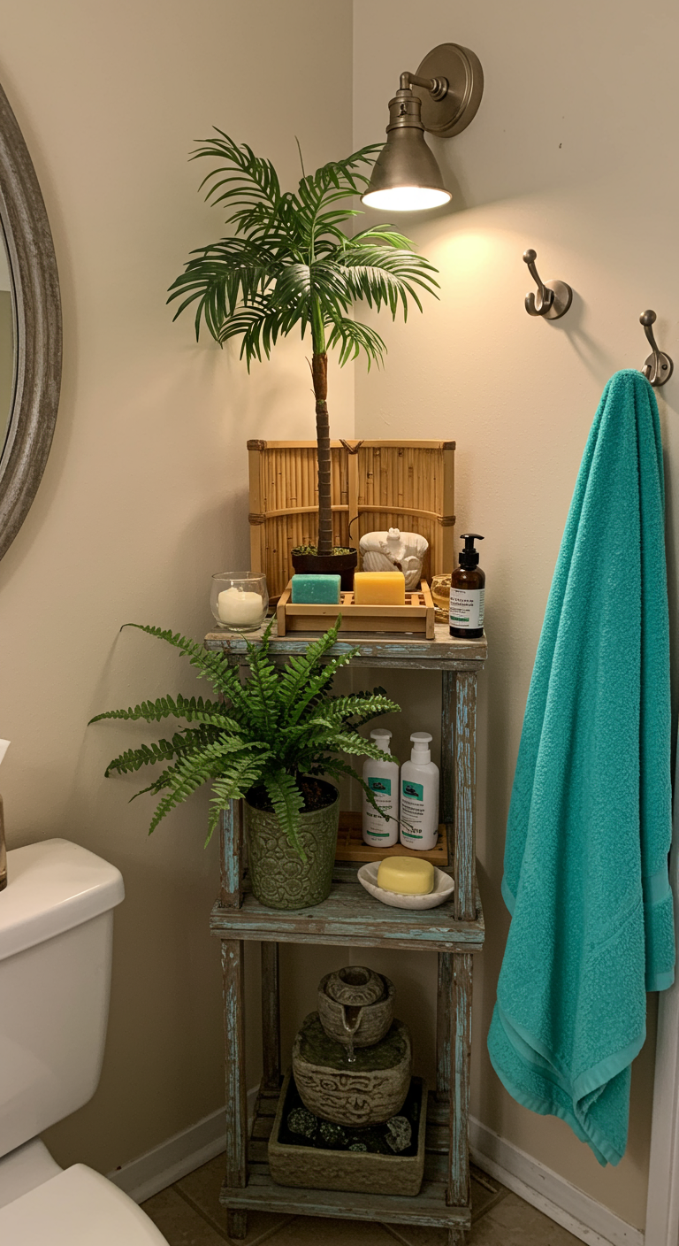 Tropical Spa Corner Escape - A small, brightly lit bathroom corner transformed into a tropical spa escape. Lush green ferns and a miniature palm tree thrive beside a bamboo shower caddy holding colorful, fragrant soaps. A seashell-shaped soap dish sits on a weathered wooden shelf, while a small, stone fountain trickles water gently. A fluffy, vibrant turquoise towel hangs from a hook, slightly askew, and a faint mist of coconut-scented essential oil hangs in the air, illuminated by the warm glow of a nearby sconce.