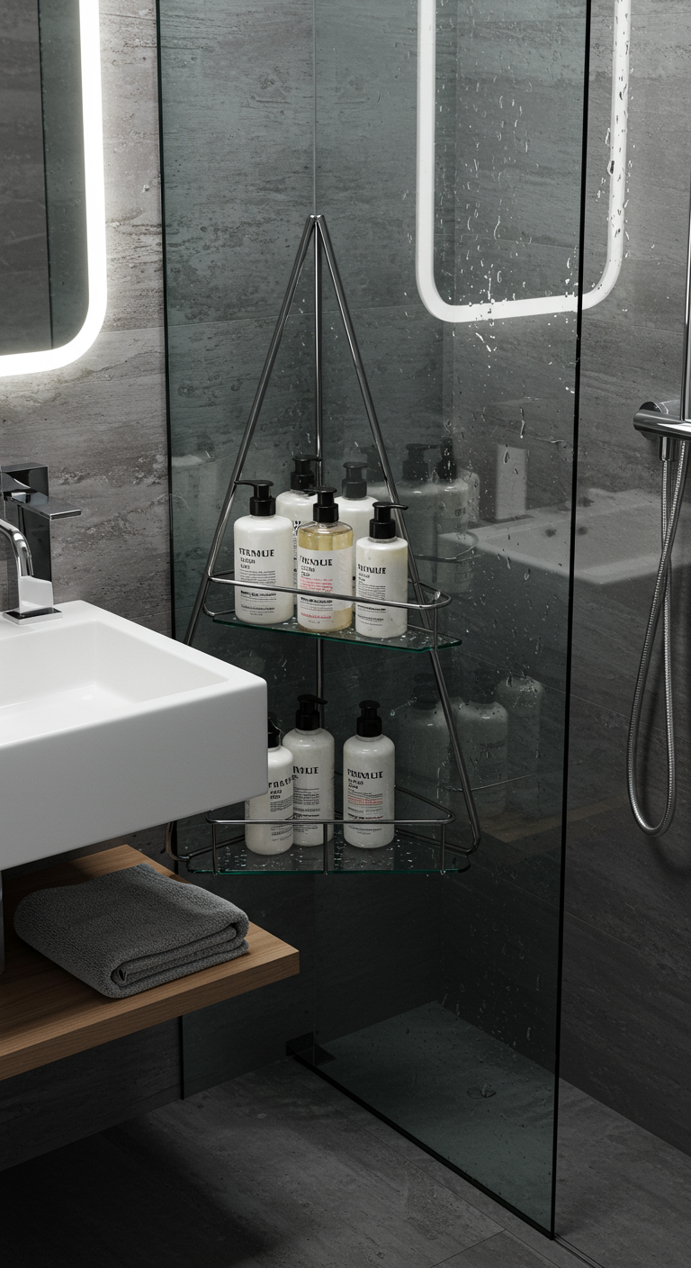 Elegantly Modern Bath Corners - A high-resolution, photorealistic image of a modern bathroom corner featuring a sleek, triangular glass shower caddy filled with high-end shampoo and body wash bottles. The corner also showcases a floating vanity with a minimalist white sink and a chrome faucet, subtly reflecting light, with a small, neatly folded hand towel placed nearby. Faint water spots on the glass and a slight smudge on the polished chrome add to the realism of the scene.