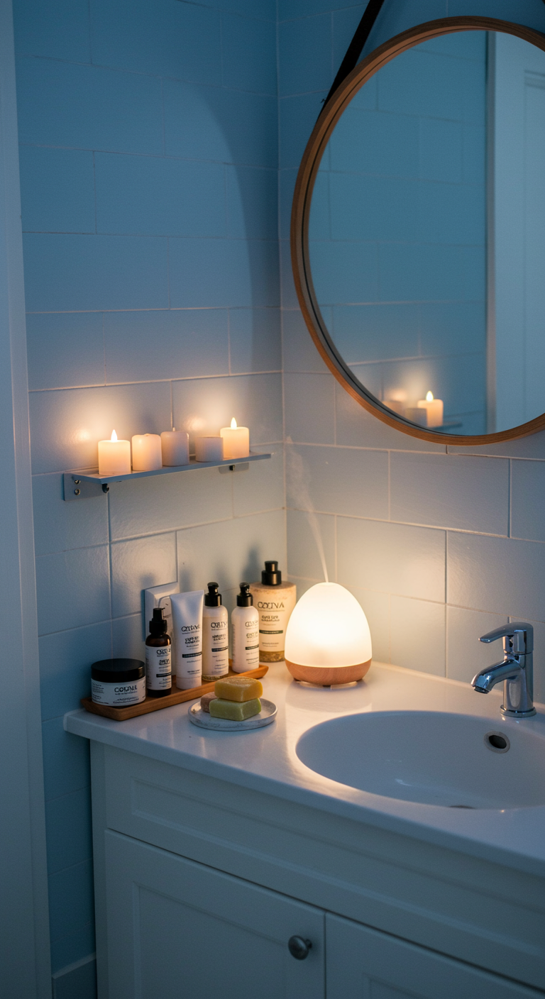 Calming Small Spa Spaces - A small, modern bathroom transformed into a calming spa space. Soft, diffused lighting from battery-powered candles illuminates light blue walls. A sleek, white vanity holds neatly arranged, fragrant soaps and lotions alongside an essential oil diffuser emitting a faint mist. A slightly crooked, round mirror hangs above the vanity, reflecting the soft glow, with a small water stain near the bottom edge.